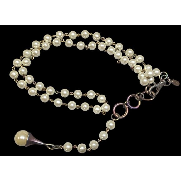 Vintage Korean EXP Faux Pearl Anodized Gold Tone Y Drop Necklace - Picture 1 of 7